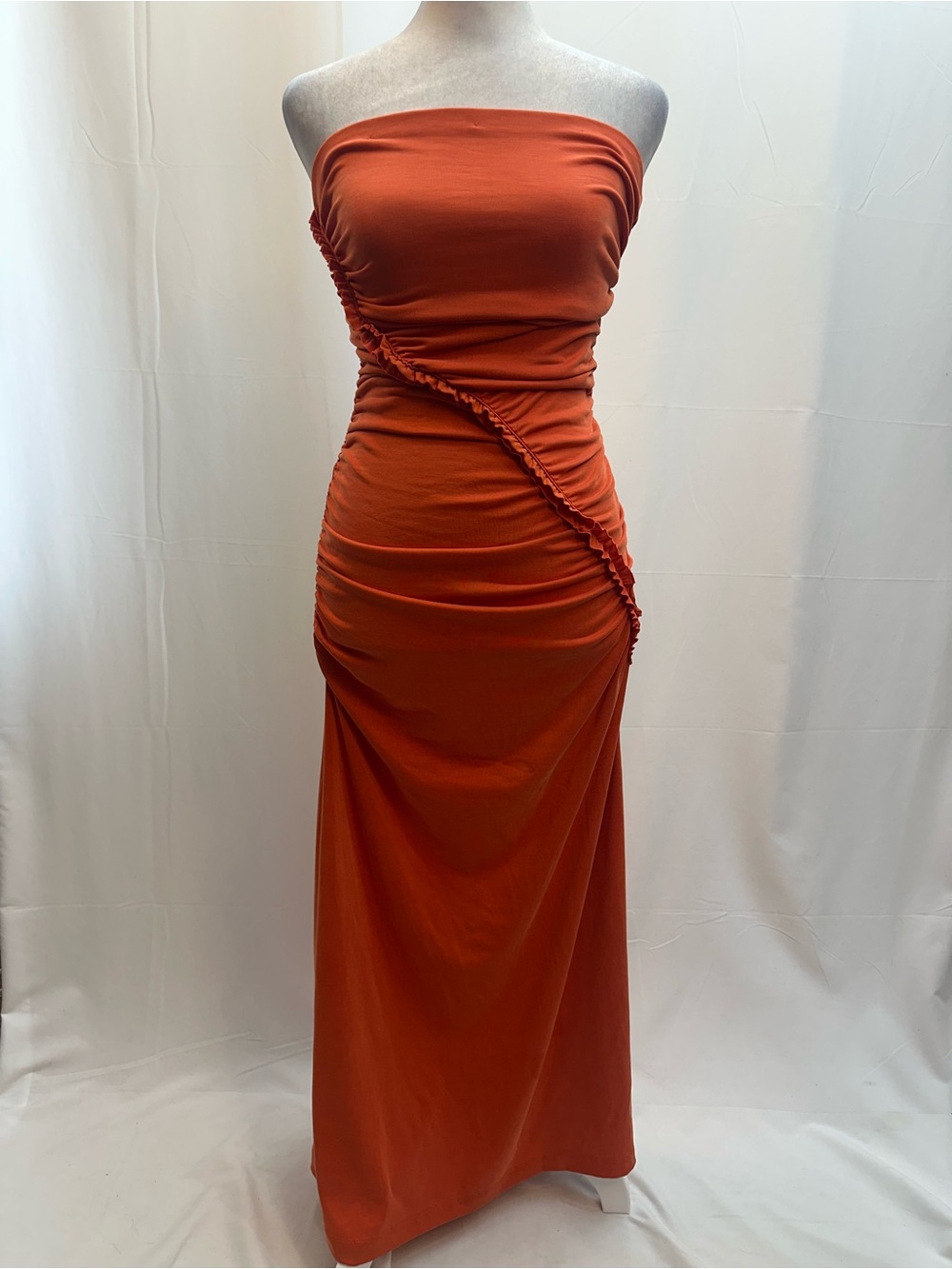 Anthropologie Orange Strapless Ruched Fitted Long Dress XS